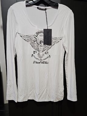 Addiction White Long Sleeve Tee with Black Eagle Graphic